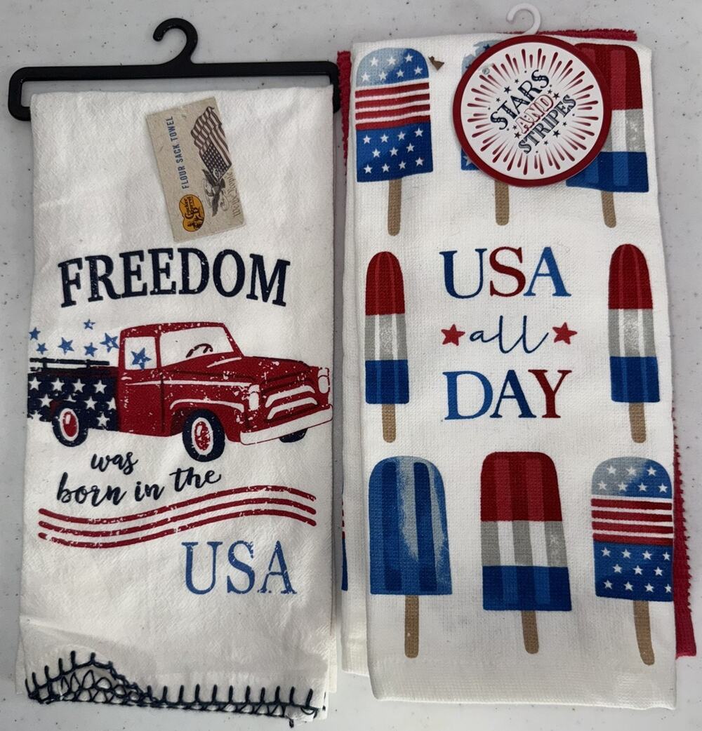 Cracker Barrel Big Lots Patriotic Kitchen Towels Lot 3 USA Cotton NWT